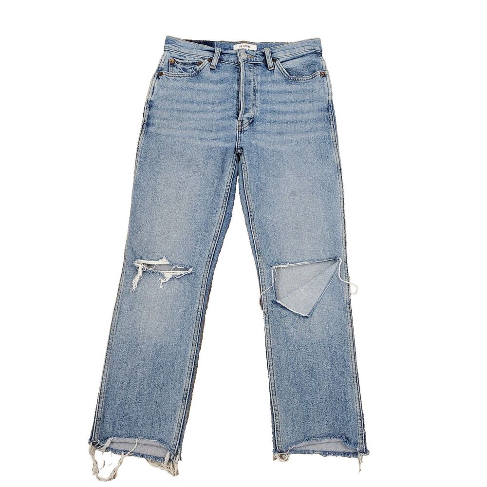 Re/Done 80s Slim Straight Jeans Size 27 Brisk Blue High Rise Frayed Button Fly